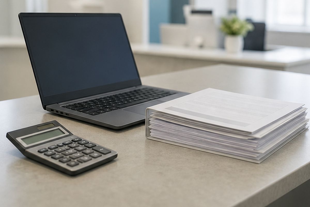 Laptop, kalkulator i stos wydruków rozliczeniowych na biurku w rejestracji przychodni
